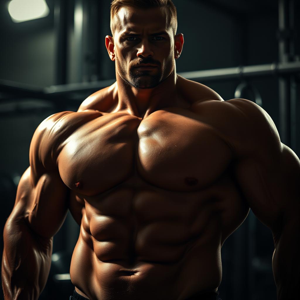 A close-up visual of a muscular man with a large, well-defined physique, exuding confidence and strength