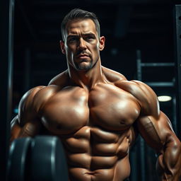 A close-up visual of a muscular man with a large, well-defined physique, exuding confidence and strength