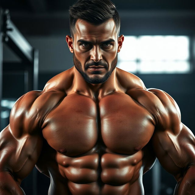 A close-up visual of a muscular man with a large, well-defined physique, exuding confidence and strength