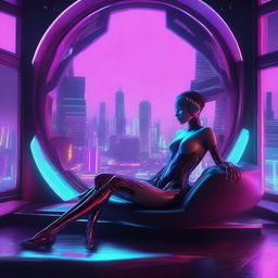 A visually stunning cybernetic girl reclines on a bed, a grand circular window behind her revealing a mesmerising view of a neon-infused cyberpunk dystopian cityscape