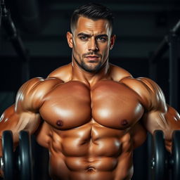 A close-up visual of a muscular man with a large, well-defined physique, exuding confidence and strength