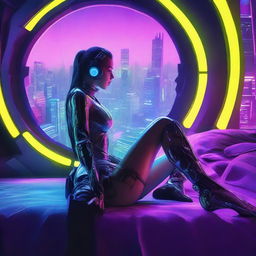 A visually stunning cybernetic girl reclines on a bed, a grand circular window behind her revealing a mesmerising view of a neon-infused cyberpunk dystopian cityscape