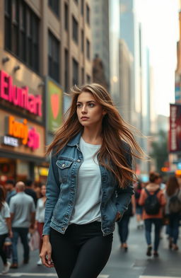 A young woman with a determined expression, standing in a bustling city street, looking around as if she is searching for someone