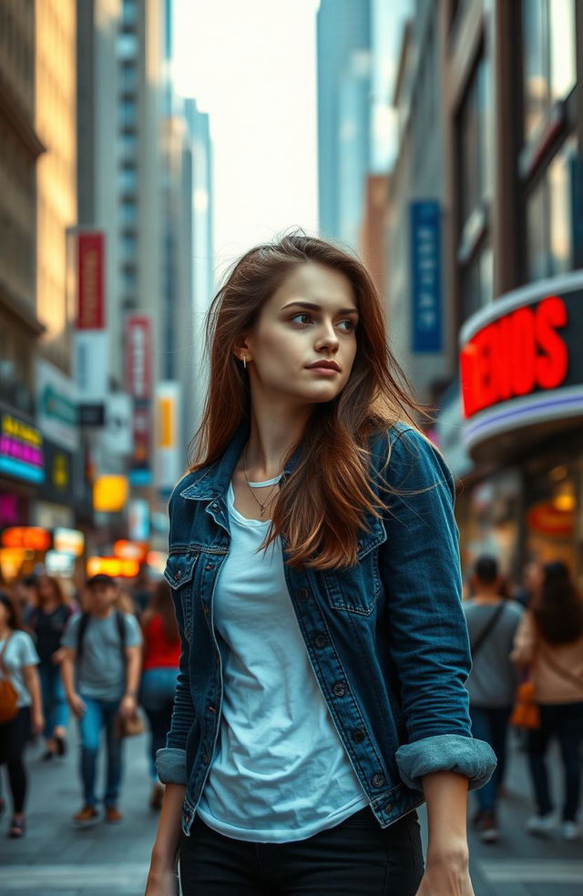 A young woman with a determined expression, standing in a bustling city street, looking around as if she is searching for someone