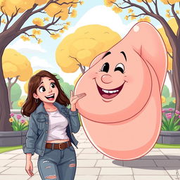 A humorous scene depicting a 32-year-old woman playfully interacting with a giant cartoonish breast in a lighthearted way