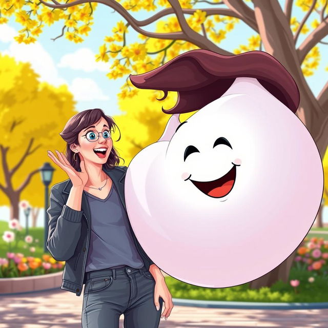 A humorous scene depicting a 32-year-old woman playfully interacting with a giant cartoonish breast in a lighthearted way