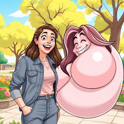 A humorous scene depicting a 32-year-old woman playfully interacting with a giant cartoonish breast in a lighthearted way