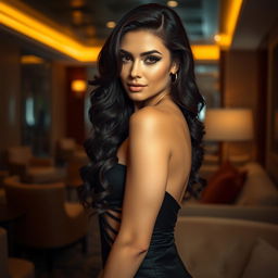 A sultry and glamorous portrait of an attractive woman with long dark hair, styled in elegant curls, wearing a stunningly designed revealing dress that accentuates her curves