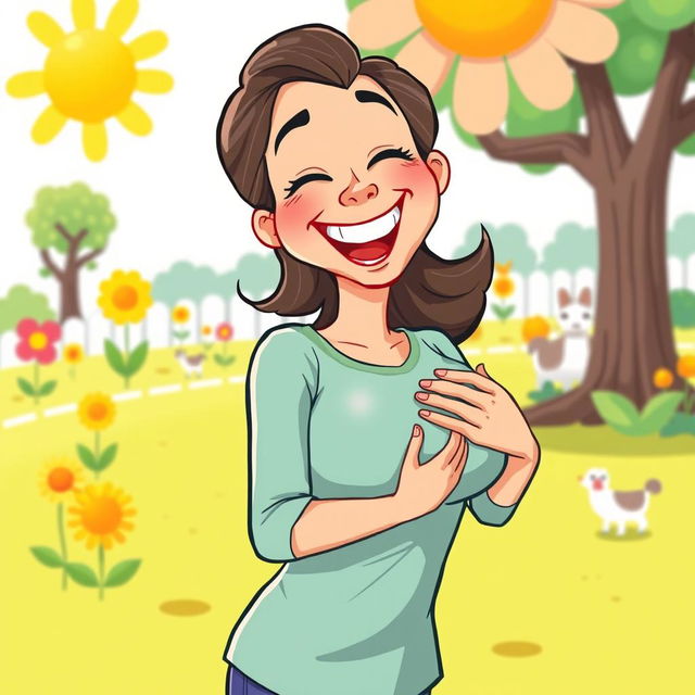 A humorous illustration of a 32-year-old woman playfully suckling from a cartoonish giant breast, with a cheerful and lighthearted atmosphere