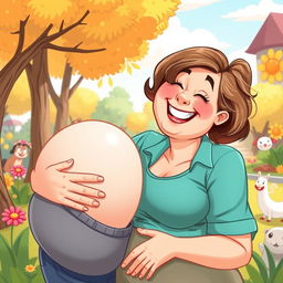 A humorous illustration of a 32-year-old woman playfully suckling from a cartoonish giant breast, with a cheerful and lighthearted atmosphere