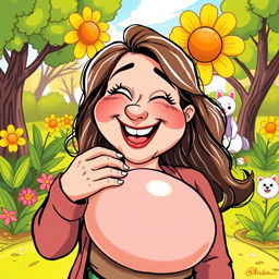 A humorous illustration of a 32-year-old woman playfully suckling from a cartoonish giant breast, with a cheerful and lighthearted atmosphere