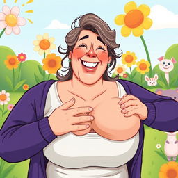 A humorous illustration of a 32-year-old woman playfully suckling from a cartoonish giant breast, with a cheerful and lighthearted atmosphere