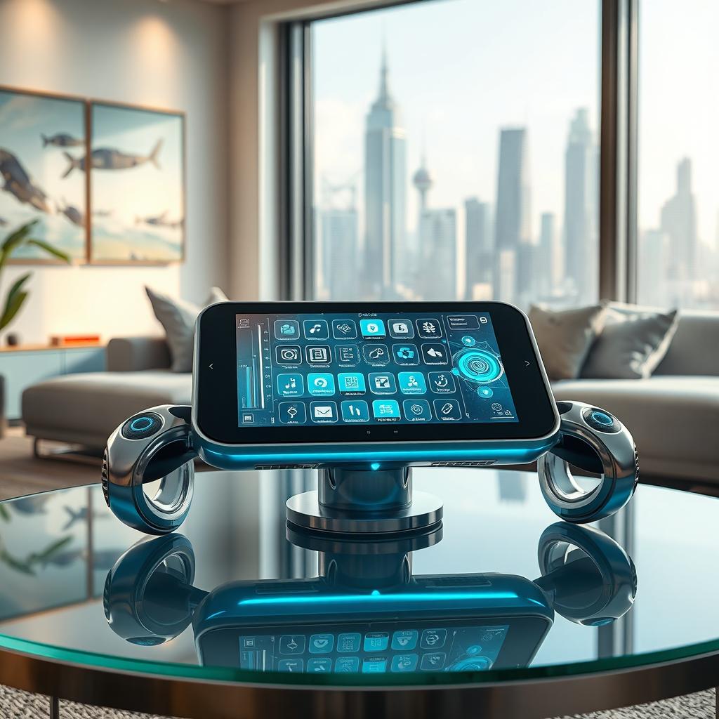 A futuristic multifunctional device displayed on a sleek glass table in a modern home setting