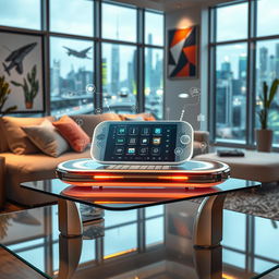 A futuristic multifunctional device displayed on a sleek glass table in a modern home setting
