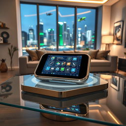 A futuristic multifunctional device displayed on a sleek glass table in a modern home setting
