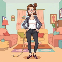 A whimsical and humorous illustration of a 32-year-old woman who has not cut her umbilical cord