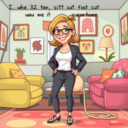 A whimsical and humorous illustration of a 32-year-old woman who has not cut her umbilical cord