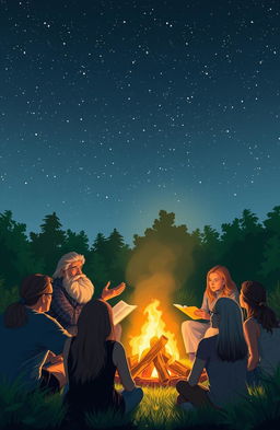 A captivating scene of storytelling under a starry night sky, where a storyteller is narrating tales to a group of eager listeners gathered around a warm campfire