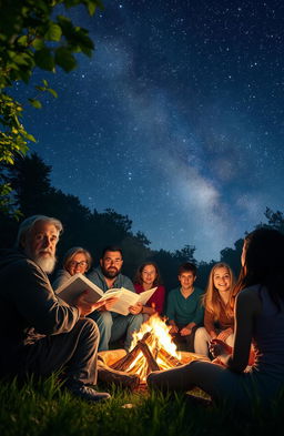A captivating scene of storytelling under a starry night sky, where a storyteller is narrating tales to a group of eager listeners gathered around a warm campfire