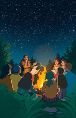 A captivating scene of storytelling under a starry night sky, where a storyteller is narrating tales to a group of eager listeners gathered around a warm campfire