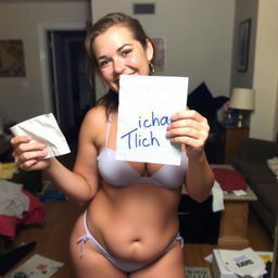 An amateur selfie of a 29-year-old chubby woman wearing a sexy, short bikini