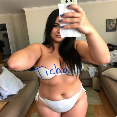 An amateur selfie of a 29-year-old chubby woman, captured in a relaxed living room setting