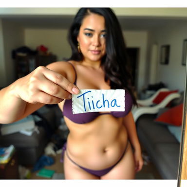 An amateur selfie of a 29-year-old chubby woman, captured in a relaxed living room setting