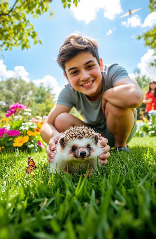 A cute hedgehog sitting on a lush green lawn in a vibrant garden