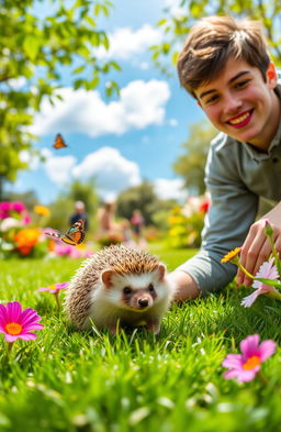 A cute hedgehog sitting on a lush green lawn in a vibrant garden
