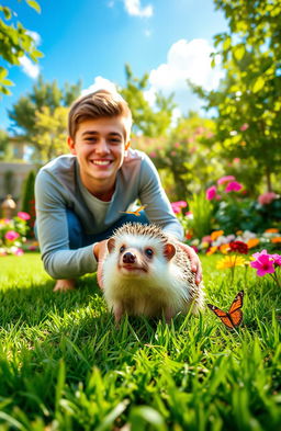 A cute hedgehog sitting on a lush green lawn in a vibrant garden