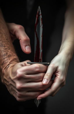A bloodied dagger held by a man's hand and a woman's hand, both with light skin