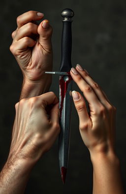 A bloodied dagger held by a man's hand and a woman's hand, both with light skin