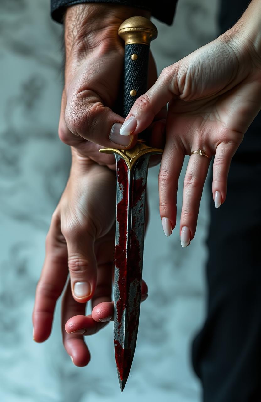 A bloodied dagger held by a man's hand and a woman's hand, both with light skin