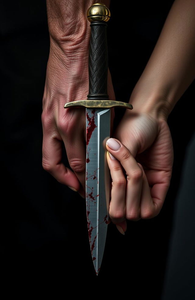 A bloodied dagger held by a man's hand and a woman's hand, both with light skin