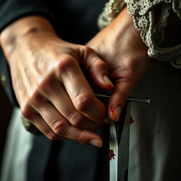 A close-up shot of a woman's hand gripping a bloodied dagger, with a man's hand gently wrapping around hers