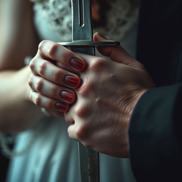 A close-up shot of a woman's hand gripping a bloodied dagger, with a man's hand gently wrapping around hers