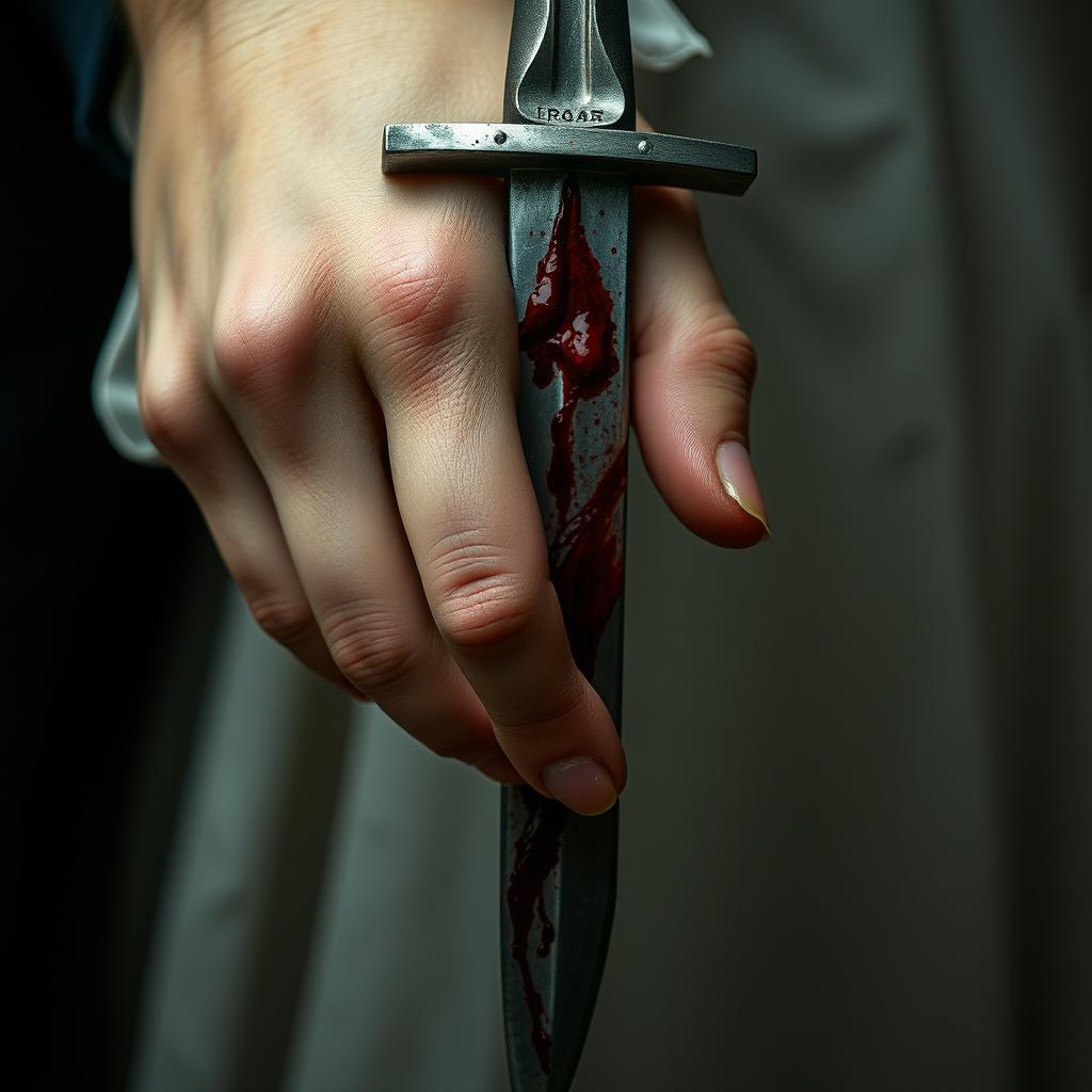 A close-up shot of a woman's hand gripping a bloodied dagger, with a man's hand gently wrapping around hers