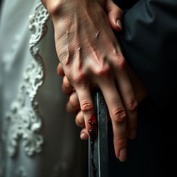 A close-up shot of a woman's hand gripping a bloodied dagger, with a man's hand gently wrapping around hers