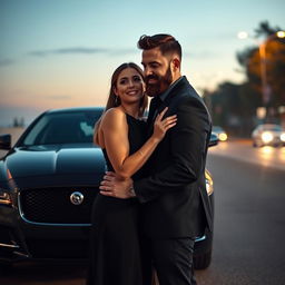 A romantic scene featuring a 27-year-old woman deeply in love with a 44-year-old man who has a charming three-day beard