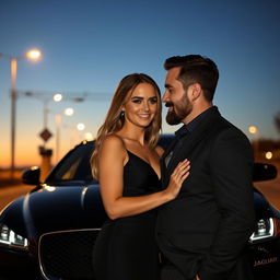 A romantic scene featuring a 27-year-old woman deeply in love with a 44-year-old man who has a charming three-day beard