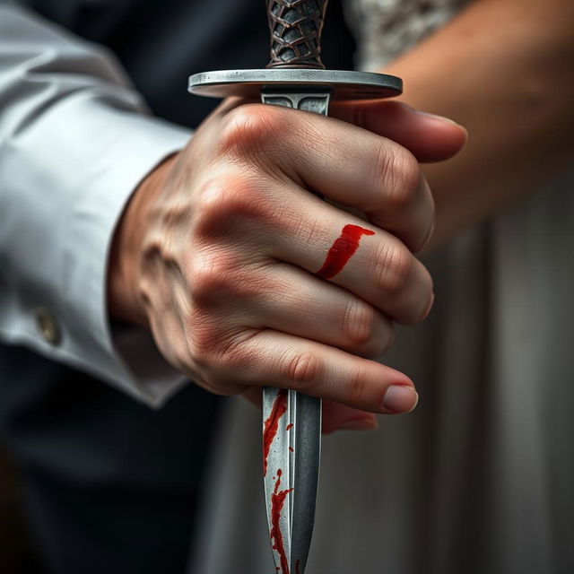 A close-up shot of a woman's hand gripping a blood-stained dagger, with a man's hand gently enveloping hers