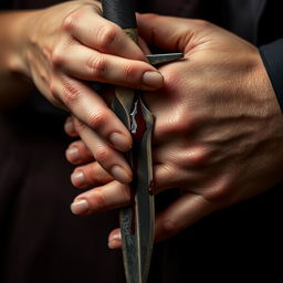 A close-up shot of a woman's hand gripping a blood-stained dagger, with a man's hand gently enveloping hers