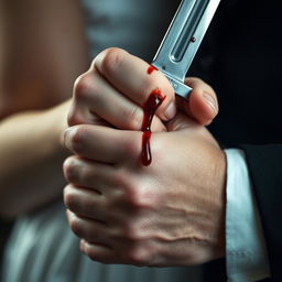 A close-up shot of a woman's hand gripping a blood-stained dagger, with a man's hand gently enveloping hers