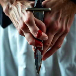 A close-up shot of a woman's hand gripping a blood-stained dagger, with a man's hand gently enveloping hers