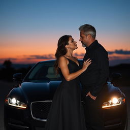 A romantic scene featuring a 27-year-old woman in love with a 44-year-old man who has a slightly unshaven look