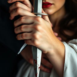 A vertical close-up shot designed for a book cover, featuring a woman's hand gripping a blood-stained dagger