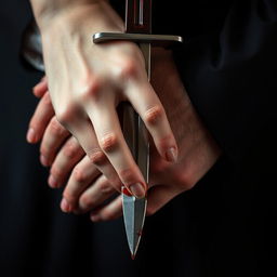 A vertical close-up shot designed for a book cover, featuring a woman's hand gripping a blood-stained dagger