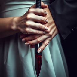 A vertical close-up shot designed for a book cover, featuring a woman's hand gripping a blood-stained dagger