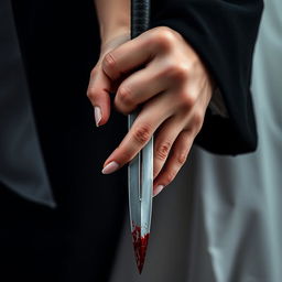 A vertical close-up shot designed for a book cover, featuring a woman's hand gripping a blood-stained dagger