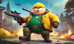 Eric Cartman from South Park as a Fortnite character in 32k high resolution, armed with a legendary scar on the vibrant Fortnite map
